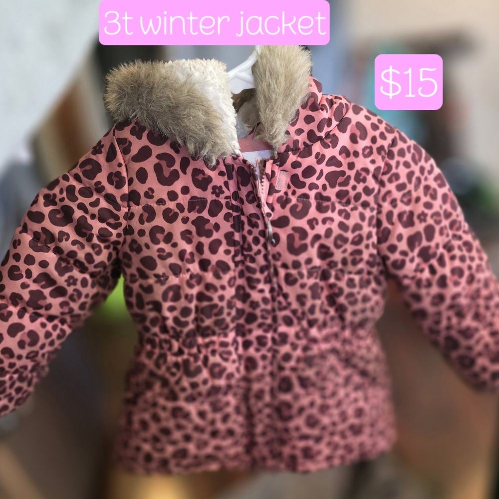 Pink Leopard Print Kids Winter Jacket